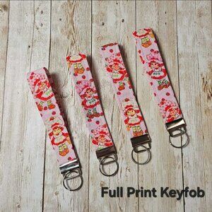 Strawberry Shortcake Fabric Keychain Wristlet: Vintage 1980s Handmade Key Fob